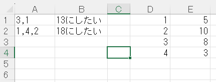 カンマ区切りの文字列を検索してSUMIFしたい。 画像をご覧ください。 A列にカンマ区切りの文字列が入っていますが、 それをカンマ文字で分割して、D列で検索・E列抜き出しによるSUMIFしたいです。 結果としてBのようになります。 数式でできるようにしたいのですが、どうすればできるでしょうか？ Excelのバージョンは2019なので、新しい関数は使えません。