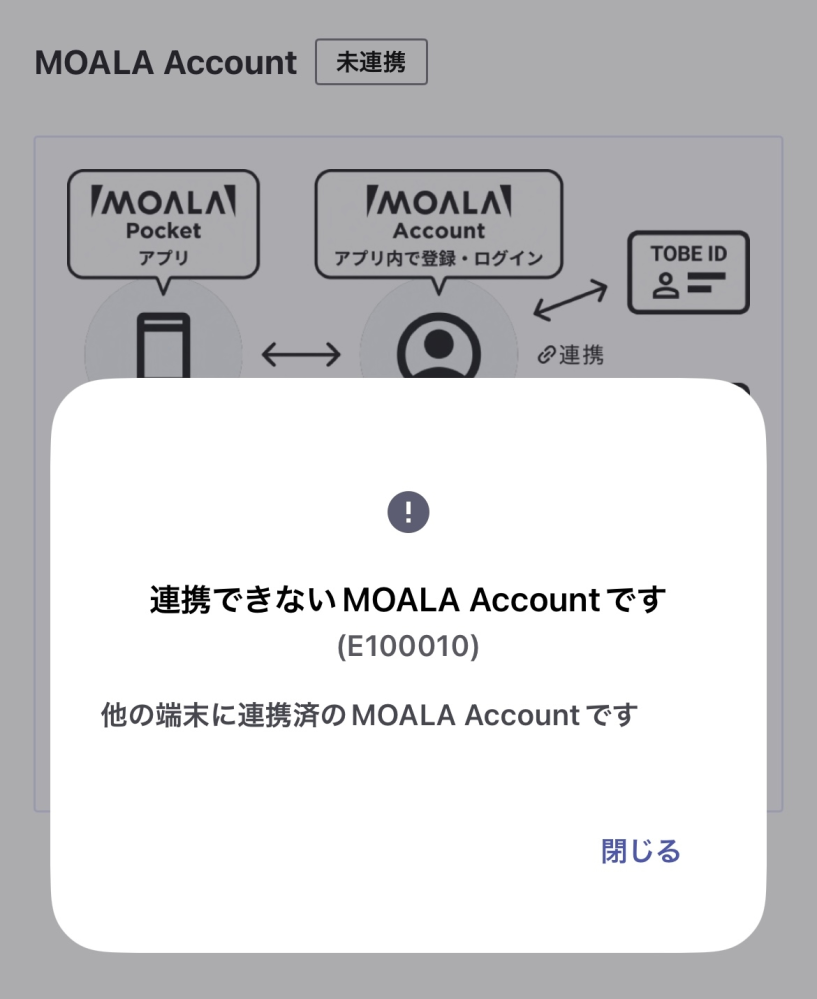 MOALA Accountについて 昨日TOBE IDとMOALA pocketを連携したままの状態で機種変更しました。 間違って古い端末をすぐ初期化してしまいました…。新しい端末でMOALAアプリを開くと登録、ログインがされていなかったため再度登録、ログインをしようとしたら画像のような表記がされ出来ませんでした。 同じ状況になった方で解決した方いますでしょうか？ このままだと今後LIVEに当たっても行く事が出来ないと言う事になるんでしょうか…どなたか解決策があれば教えて頂きたいです。