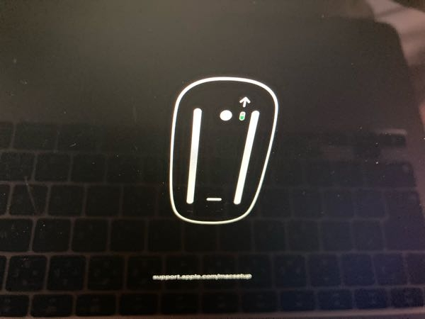 MacBook Air2020の不具合 画面が動かなくなり、強制終了して再起動したらマウスマークとキーボード？マークが繰り返しでて進まなくなりました。 マウスと接続してくださいのマークだと思いますが、マウスもキーボードも付属のものを使っているので接続するそのものがないです。 どなたか直せる方法知っている方いらっしゃいませんでしょうか。。