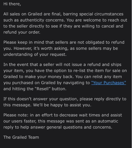 先日grailedというサイトで服を購入したのですが注文キャンセル 先日grailedというサイトで服を購入したのですが注文キャンセル