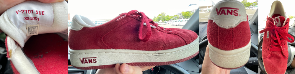 vansスニーカーついて質問です。 数年前に写真のスニーカーをメルカリで購入しました。 デザインがかなり好みなのでもう1足買いたいのですがなんと検索すればいいか分からず。。 タン裏に記載してあるV-2701で検索しても情報が何も出てこない為困っています。 vansスニーカーに詳しい方、このスニーカーの名称？を教えていただきたいです。