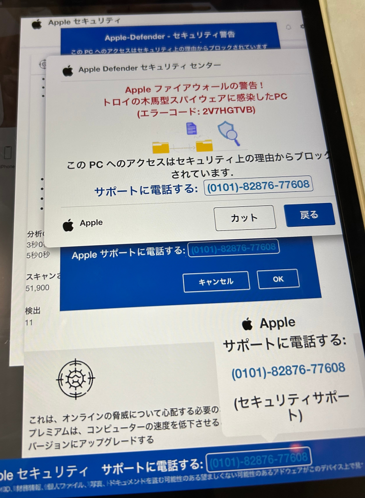 トロイの木馬に感染した下の表示のようなものがでたのですが、本物ですか？また本物の場合どうしたらいいですか？