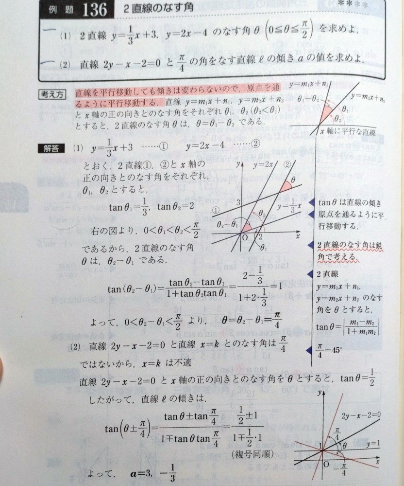 三角関数の2直線のなす角の問題です。 解答(2)の最初に書いてある、「直線〜ではないから、x=kは不適」 の部分は、なぜ書くのですか？ また、書かなかったら減点されますか？