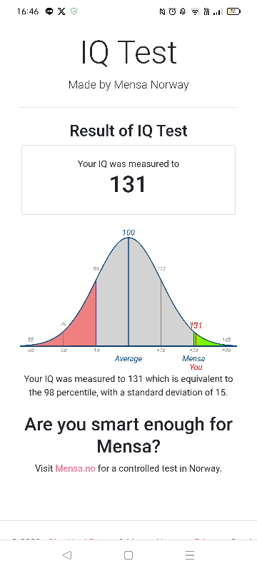 MENSAのIqテストのサイトで自分のIQを測ったところ、IQ131と出たのですが、さすがにそんなことないですよね。 所詮は6択ですし、適当に回答しても16〜7%の確率で当たる訳ですし… やっぱりこういうのはきちんとした検査を受けなきゃ分かりませんよね？ また、IQテストってどういう審査基準なんでしょうか？ 偏差値はあまり関係ないと聞いたんですが。 ちなみにサイトURLはこれ↓です https://test.mensa.no/Home/Test/unknown