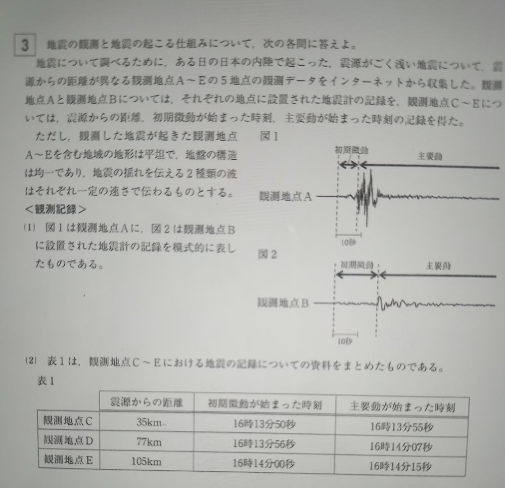 中1理科地震の問題です、テストが近いのですがよく分からなかったのでよければ 以下問題文です (問3) <観測記録>の(1)と(2)で調べた地震では、観測地点Cの地震計で初期微動を感知してから 6秒後に緊急地震速報が発表されていた。このとき、震源からの距離がX [km] の場所で、緊急 地震速報を主要動の到達と同時に受信した。震源からの距離と主要動の到達について述べた次の 文の。 (1) には当てはまる数値を、 (2) には数値を用いた適切な語句を、そ れぞれ書け。ただし、緊急地震速報の発表から受信までにかかる時間は考えないものとする。 震源からの距離X (km] は、 (1) [km] である。震源からの距離がX [km] よりも遠 い場所において、緊急地震速報を受信してから主要動が到達するまでの時間は、震源からの距 離がX [km] よりも (2) につれて1秒ずつ増加する。