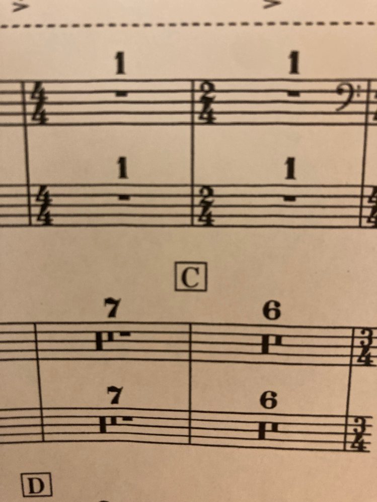 ある吹奏楽の曲のピアノの楽譜にあった記号について質問です。 この1とか6とかの数字の下にある記号はどんな意味があるのでしょうか。また、記号の線？の数が変わると意味が変わったりしますか？