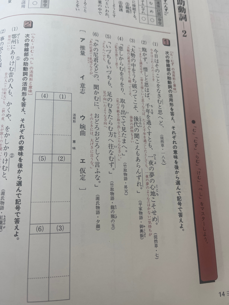 ここの助動詞む、むずの回答お願いします。 答えが何故か学校で配られてなく、テスト勉強で丸つけがしたいです