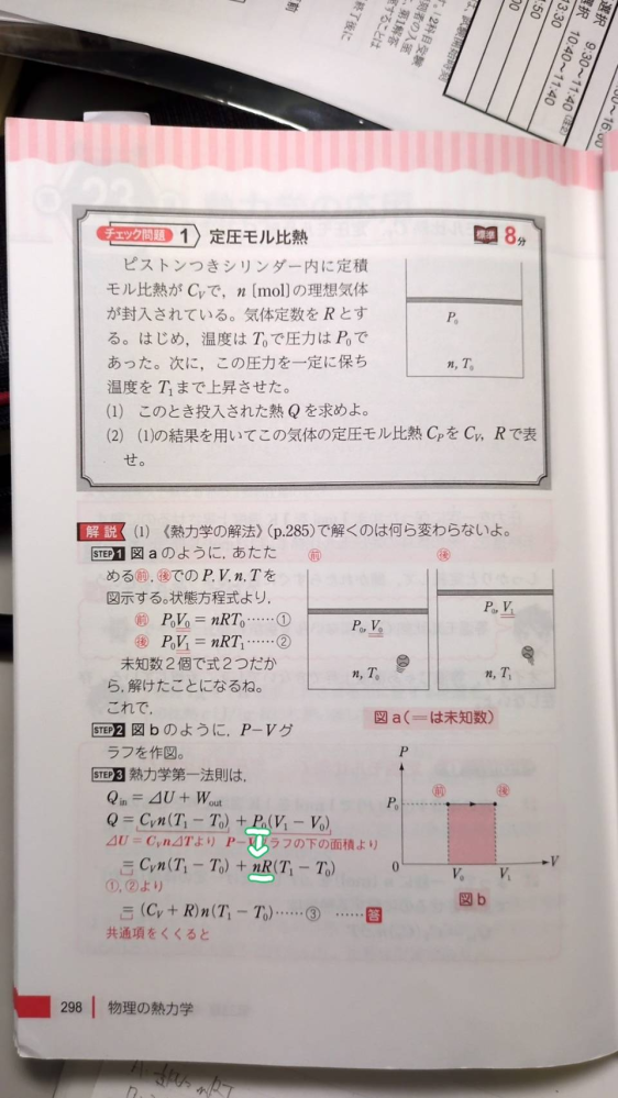 物理の熱力学について質問です。 写真の線を引いたところの式変形が分かりません。なんでp0がnRになるんですか？