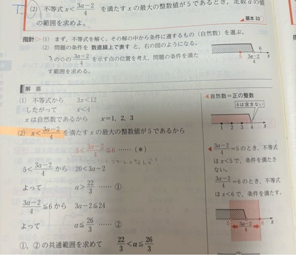 5 ≦ 3a-2/4 ≦ 6にならない理由がわかりません。 教えていただきたいです。