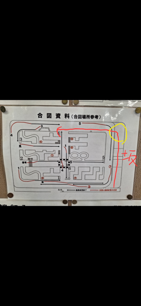 自動車学校に通う者です。 添付写真の赤印に進む場合 黄色○印の場所での ウインカーはどちらに出すのが 正解でしょうか？ 回答よろしくお願い致します。