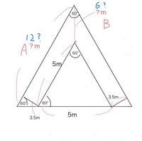 1辺が5m正三角形と?(A)mの正三角形の底辺を重ねた時、頂点同士の幅は？(B)mになりますか？左右幅は3.5mです。


計算式第2弾です。
また宜しくお願いします。 前回のを踏まえ、何となく答えを出してみました。

(？-5)/2=3.5
？Aは12m

(√3/2)×(12-5)=6.062...？Bは6m
式と解答、宜しくお願いします。