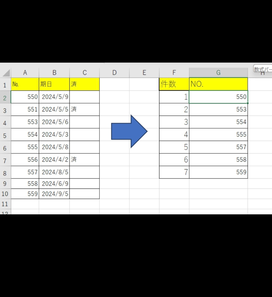 エクセルの数式ついて質問です。 A列のNoをG列に反映させたいです。 関数を教えてください。 条件はB列の期日とC列の済が入ってる行のNoを反映させたいです。 フィルター関数が一番適してるのでしょうか。