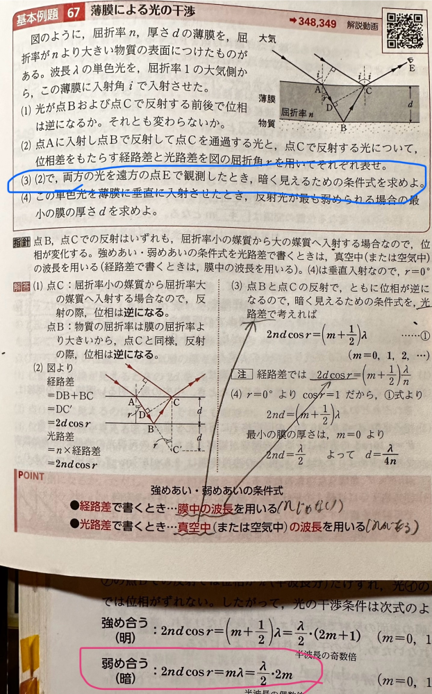 この問題の⑶で「暗く見えるための条件」を書くようにとあるのですが、答えでは教科書にある強め合う(明)の条件が書かれています。赤で囲んだ方が答えではないのですか？