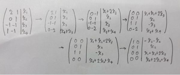 v⃗₁=т(2 0 -1 1), v⃗₂=т(1 1 -1 -1)︎︎で張られるℝ⁴の部分空間をW₂として、基底と次元を求めよ。 という問題なのですが、答えはv⃗₁とv⃗₂が基底でdimW₂=2となるらしいのですが、x⃗=т(x₁ x₂ x₃ x₄)∈W₂をとってきてx⃗=c₁v⃗₁+c₂v⃗₂となるc₁、c₂が存在することを示そうとしたとき、写真のように係数行列と係数拡大行列のrankが異なってしまいました。何が間違っているのか教えてほしいです。