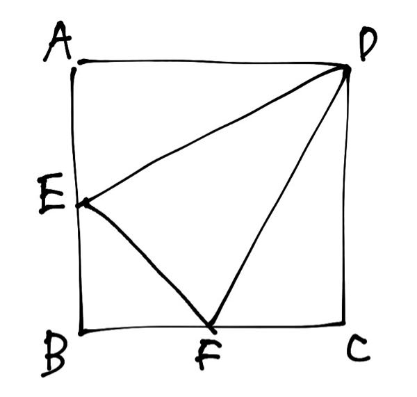 中学数学 下の図のような一辺が8cmの正方形ABCDがあり、点Eは辺ABの中点で、△AED≡△CFDである。 辺DE、EF、FDを折り目として三角錐を作った時、△DEFを底面とすると高さは何cmになるか求めよ。 解説と答え教えて頂きたいです、よろしくお願いします！ 図は私が適当に作ったので汚いですすみません