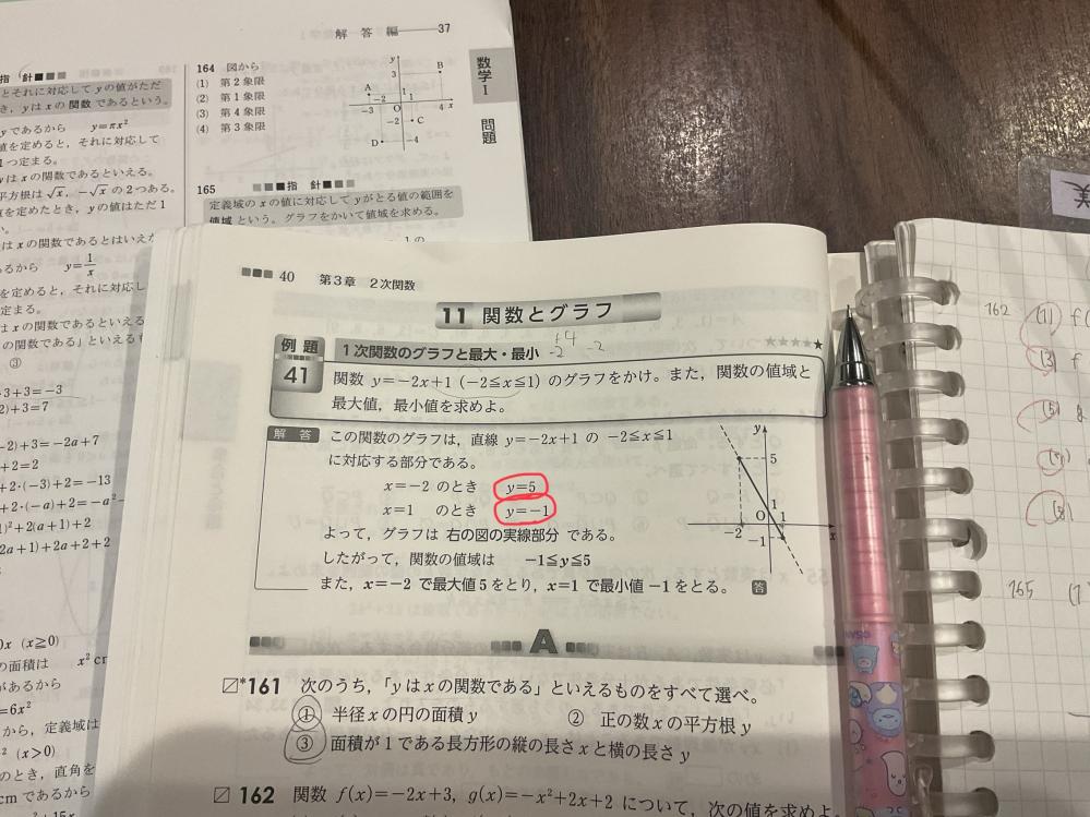 大至急お願いします。 高一の数学の問題です。赤丸で囲んでいるところに注目してください。どうして急に5とかマイナス1がでてきたんですか？誰か教えてください。