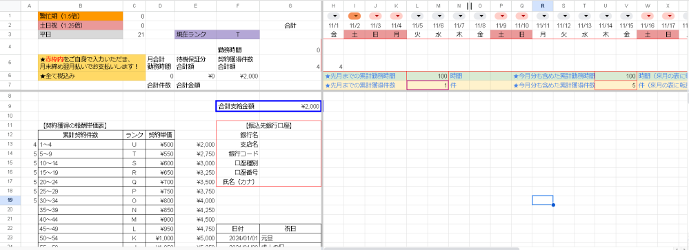 Excelが得意な方！知恵をお貸しください！ 給与計算のためのひな形を作成しておりますが、やりたいことがうまくいかずに 格闘中です。 報酬単価表から11月分の報酬を計算するとして F6に先月からの累計からの対象のランクを適用しての計算をしたいです。 例えば10月までに6件獲得、11月に6件獲得となった場合、 ランクTの550×3+ランクSの600×3が自動でできるようにしたいです。 ランクがあがったからといって上がったランクの金額×獲得数ではなく 10月の6件獲得となった場合はランクUの500×4+ランクTの550×2となります。 関数のみでいけるのか、マクロを組むべきなのかも教えていただきたいですが できれば関数のみでいけたらなと思っています。（マクロが苦手な為）