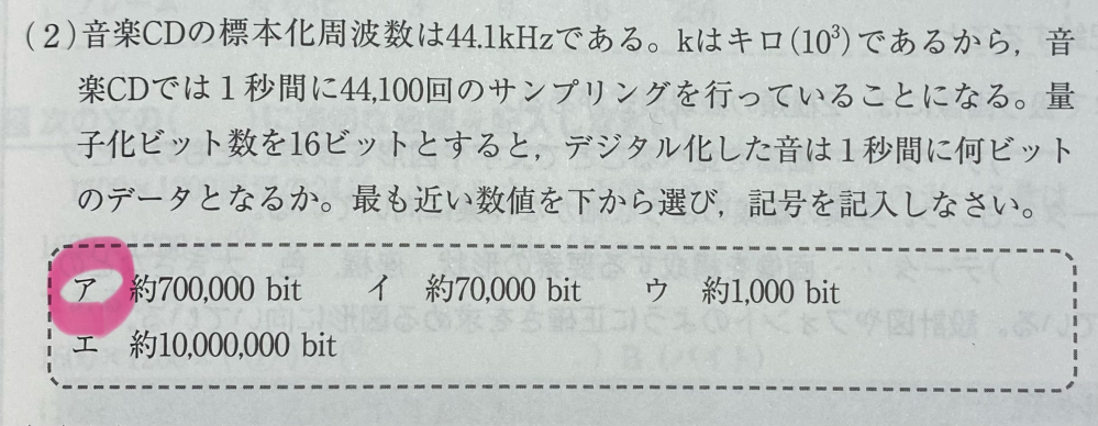 情報1、音のデジタル表現の問題です。 解き方が分からず苦戦しています。 解き方について説明してくださると嬉しいです。