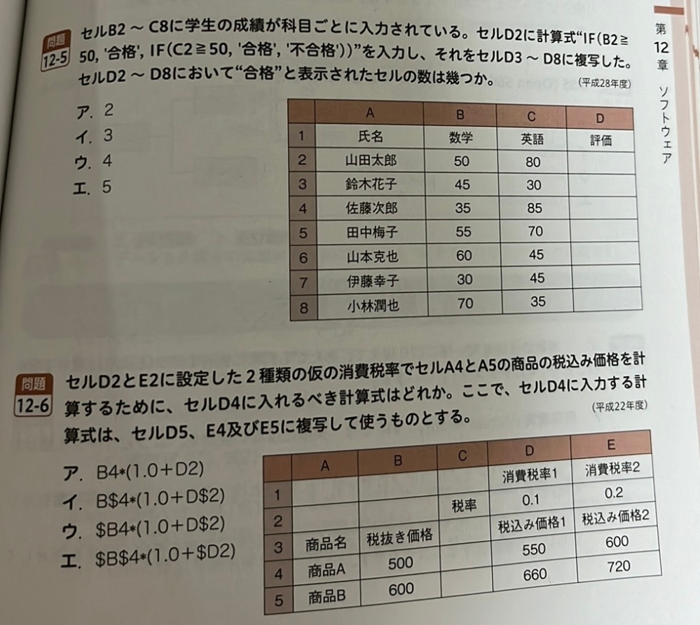 ITパスポートの勉強中なのですがExcel表計算の項目のうち、セルの使い方で分からない問題が2問あるので教えていただければ嬉しいです(；；)