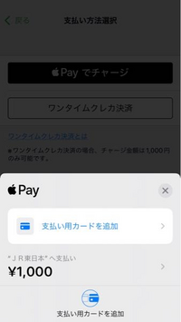 suicaの新規登録でチャージをしようとして、アップルペイでチャージするために支払い用カードを追加して、認証までして、ウォレットアプリには追加されたのですが、 Suicaアプリからアップルペイでチャージというところを押して払おうとしても、最初と同じ支払い用カードを追加しか表示されてません。写真のように表示されています。
この時の対処法を教えてください