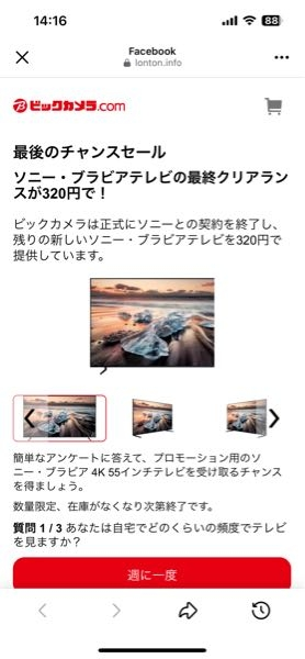 携帯でショートな広告で「ビックカメラで在庫整理の為ソニー・ブラビアテレビの最終クリアランスが320円で」というのを見ましたが、本当ですか？サギですか？ ウソだと思うのですが、この件での投稿が見当...