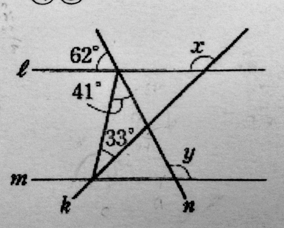 中学2年生、数学の図形の問題の解き方が分かりません。 誰か変わる方がいらっしゃいましたら教えて下さると助かります。 lとmは並行となっています。 お願いします。