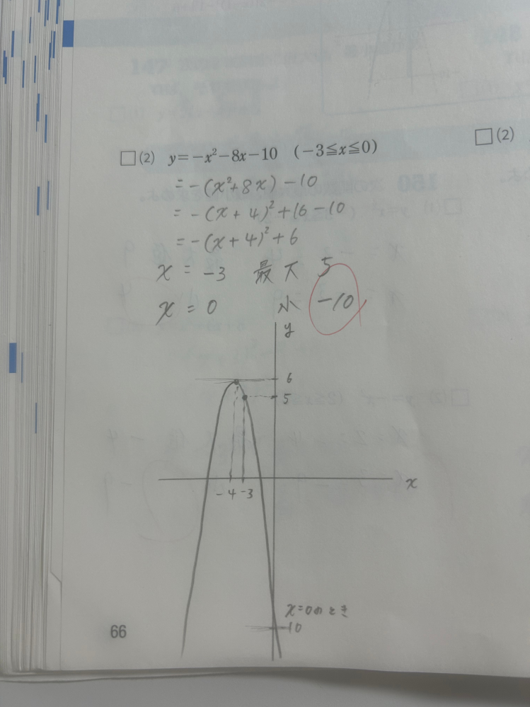 数1、二次関数の最大値・最小値を求める問題なのですが 最大が X＝－4 なのに何故 X＝－3 なのでしょうかт т