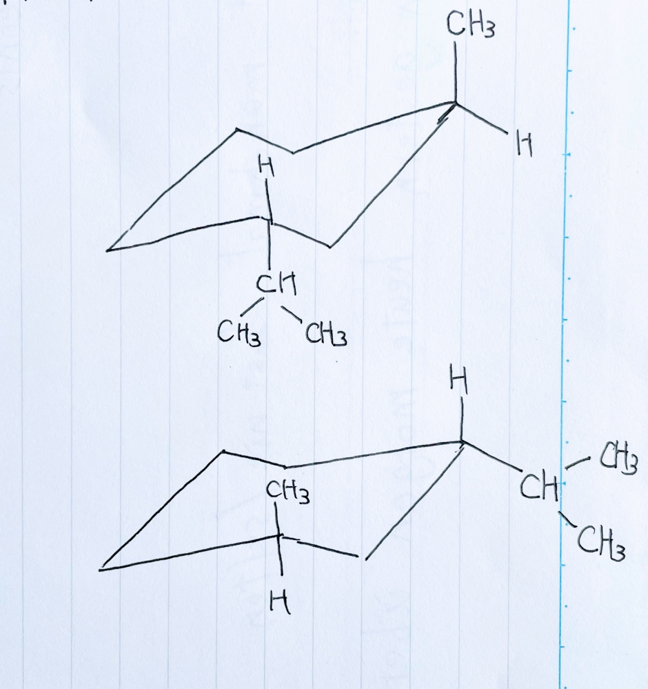 有機化学についての質問です。 画像の椅子型立体配座の物質はどちらも同じ化合物(trans-1-isopropyl-3-methyl-cyclohexane)でしょうか？ また、安定性も同じなのでしょうか？ 教えてください。