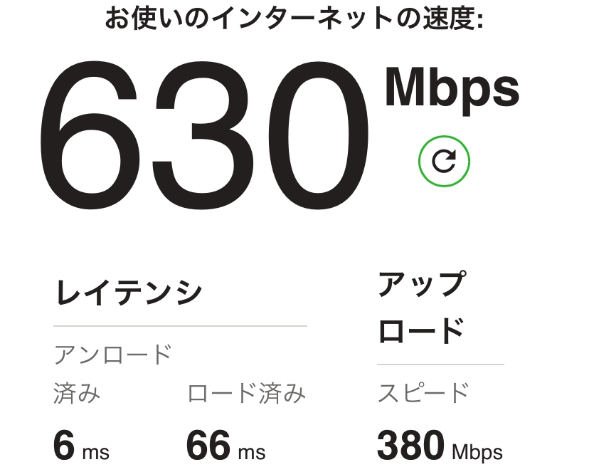 ひかりの通信速度について。 戸建です。 最近ケーブルテレビのADSL？から光に変えました。 地元の会社でこれも同じケーブルテレビが運営してます。 以前までは下り20Mbps、下り5Mbpsしか出てませんでした。 ずっとその回線で数十年間オンラインゲーム、pc、スマホなどを使用してきました。 感覚的にはラグやダウンロードが遅いといったことが起きてました（ゲームダウンロードは数十時間かかったりが普通） ネット回線には詳しくありませんが、今回1Gbpsという光にしました。 するとゲームのダウンロードは50GBあるものでも数十分などで完了するようになりました。 ps5を使用してますが、有線LANにしており、設定から回線速度を見ると下りが500-600Mbpsで安定してる感じです。 上りは忘れました。 iPhoneでは5Ghz？というので接続してますが、FASTというアプリで見ると630Mbps、380Mbpsと出てます。 今までより明らかに早いですが、まだ早い方がいいのか、十分なのかを知りたいです。 一応写真載せときます。 ちなみにFASTのアプリでの計測での平均はだいたい下り300前後です。 今回たまたま630でてました。 また、この写真に書いてあるレイテンシ、アンロード済み6ms、ロード済み66msとはなんですか？ これが一般的な普通くらいの回線なのか早い方なのか知りたいです。 よろしくお願い致します