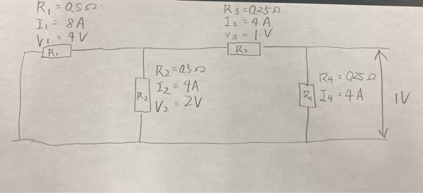 直流回路の質問です。 I1はなぜ8Aになるのでしょうか？ I2＋I3＋I4＝4＋4＋4＝12 で12Aになぜなりませんか？