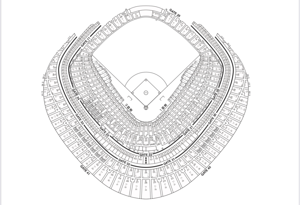 来月ライブで東京ドームに行くのですが、初めて行くので画像を見ても座席がイマイチ分かりません……。 わかる方以下の座席がだいたいでいいのでどこら辺なのか教えていただきたいです！ 画像添付してますのでどうかよろしくお願いしますm(_ _)m ① 22ゲート 25通路 1塁側1階 33列 5番 ② 21ゲート 12通路 1塁側1階 35列 291番