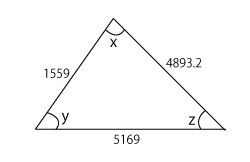 数学です。下記の画像に示した、3辺それぞれの長さがわかる3角形の角度X、Y、Zを教えてください。