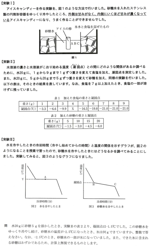 凝固点についての中学入試問題を教えてください。 添付した問題ですが，いちばん下の問いの解き方がわかりません。 わかりやすく教えていただけるとうれしいです。 答えは「８ｇ」です。 どうぞよろしくお願い致します。