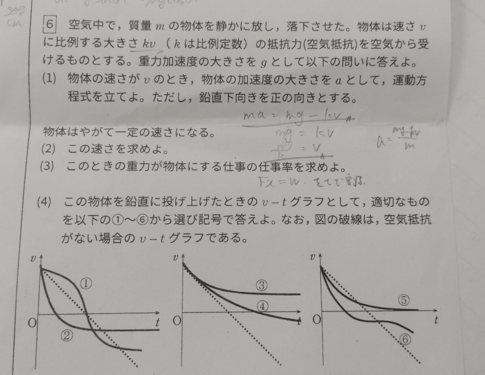 高1物理です 解説をお願いします 答えは (1)ma=mg-kv (2)mg/k (3)m²g²/k (4)② です！