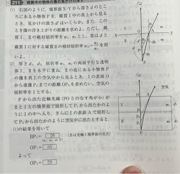 この問題の(2)のウがわかりません。アとイまではできました。 ウ→OP2＝1&yen;n1×OP1 となる理由がわかりません。 解説お願いします。