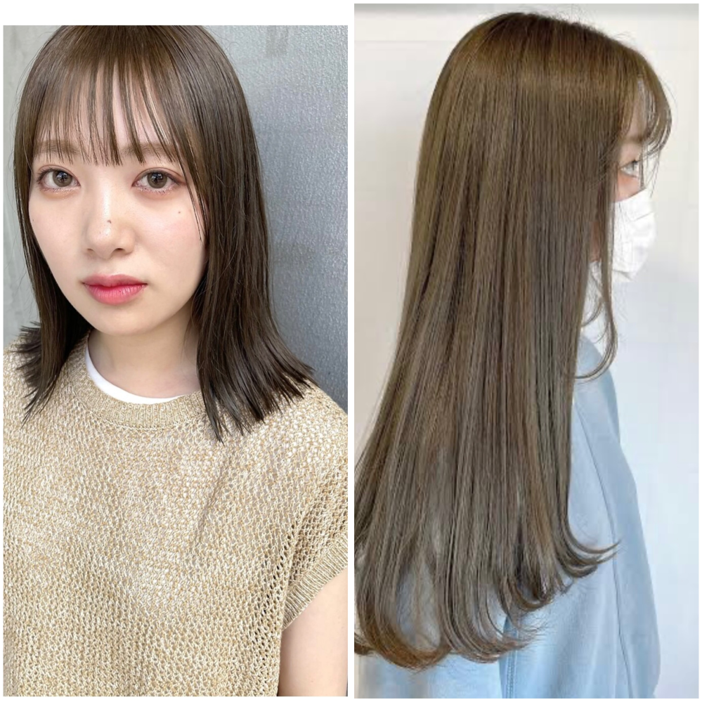 ヘアカラーについて質問です。 オリーブベージュに髪を染めたいのですが、美容院のどのメニュー（特殊なカラーなのかどうか？ダブルカラー？等）を選んだらいいのか分かりません。理想は添付している画像の色（出来れば右）です。 ・初カラー ・縮毛矯正などはしたことない ・出来ればブリーチしたくない この内容だとどう頼むのがいいのでしょうか？初めてで何も分からないので教えていただきたいです。よろしくお願いします！！