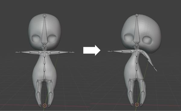 blenderでボーンを動かすとオブジェクト全体が歪んでしまいます。 それとウェイトペイントでボーンを選択してペイントしたいのですが選択ができずペイントできません。 これは自動のウェイトが良くないのでしょうか？ 原因がわかりません。