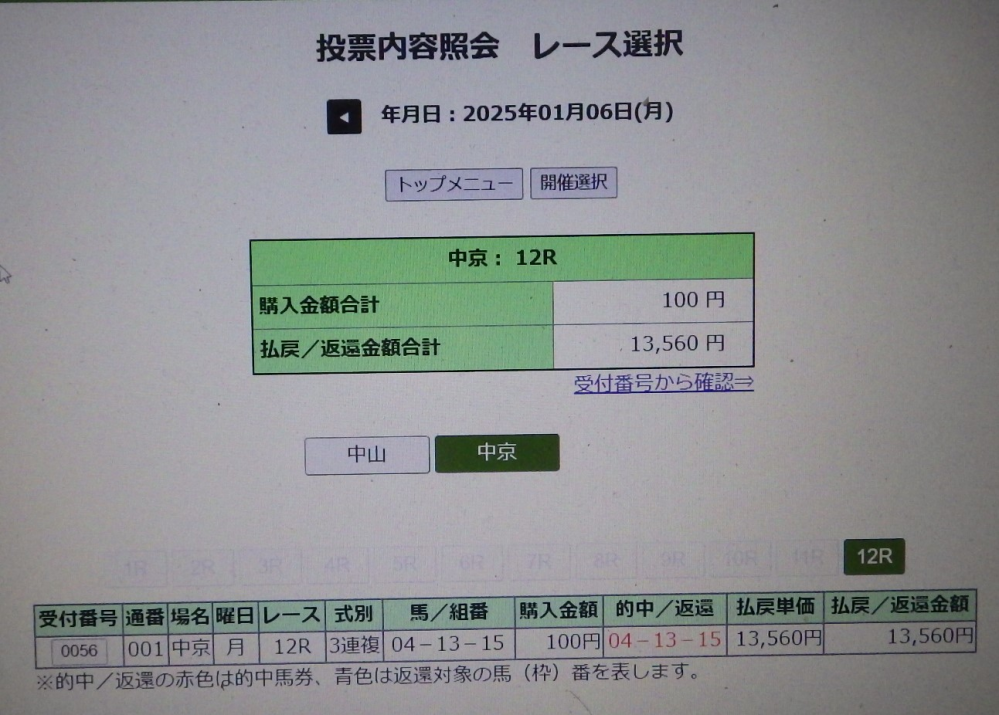 今日から仕事でした。今朝、6時前に、昨日のあまりの300円を入金して、3点だけ馬券を買いました。 中山１２R ワイド１３－１４ と 枠連３－７ を買いました。計2点。 1月5日に、石神が3着に好走したので、このレースも、外寄りの枠に入っていたので、再び好走するかもと思い、今朝の時点で、同枠の13番の馬は、2番人気だったので、ワイドを購入。 もう1点は、中京１２R の 3連複を1点のみ。 以上の3点、300円だけ買い、仕事に行きました。 帰宅して、晩飯も風呂も済ませて、実況動画録画をJRAのホームページで見たら、なんと3連複が1点でズバリ当たってました！ 非常に嬉しいです。 チャンネルトンネルが今朝の時点でも、1番人気だったのですが、着外でラッキーです。 馬場がアレほど荒れていたとは想像もつきませんでした。 5日、6日の競馬、どうでしたか？ なにか気持ちよく馬券当たりました？ 5日は、京都金杯の枠連しか当たらず、負けでした。