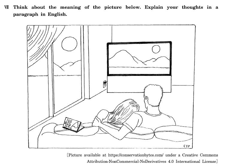 早稲田法学部2019の英作文の添削をお願いします。 In this picture, a man and a woman are watching the same landscape outside their house on TV on a sofa although they can see it directly through the window. The message of this picture is that nowadays, people are less likely to interact with nature because of a lot of devices such as TV, smartphones, video games, and so on. Therefore, this picture tells us that it allows us to have a more enjoyable lifestyle that we stop ourselves from using these devices.