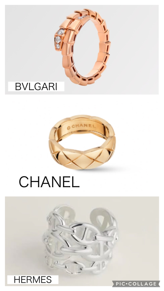 40歳の記念のリングを悩んでいます。 悩んでいるリングは CHANEL ココクラッシュミディアム BVLGARI セルペンティ ヴァイパー HERMES アンシェネGM CHANELとBVLGARIは50万円以上 HERMESはシルバー素材なので10万円代と、二つに比べてお手頃です。 どのリングも大変好みで、私の服装にもどれも合わせて使えると思います。 全て試着済みです。 全てのリングにボリュームがあるので、どれか一つに絞れればと思います。 デザイン性、流行り、価値として 総合的に考えた際に、どれが1番良いと思いますか？ ご意見をお聞かせください。