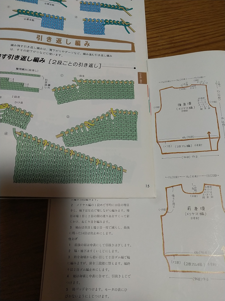 編み物…肩の引き返し編みについて教えていただけますか。 肩の引き返し編みをするところまで編みました。 別糸で鎖編みを作って、その目を拾って編み始めたのですが、鎖編みから拾った目を1段目と数えるのでしょうか。 鎖編みの目を拾って編み始めた表目を1段目、その1段目を折り返して編んだ裏目を2段目と数えたんですが… 今編んでいるのはセーターなんですが、 本の説明では、 「袖口の52段を編んだら、肩の引き返し編みを始め…」とあり… 編み物の編み方本を見てみると、図では、1段目(53段目)は裏目なんです。 私の目の数え方だと53段目は表目なんです(>_<) そもそも目の数え方が間違っているから、引き返し編みができない(編み方本のように)のでしょうか。 どなたか教えていただけますか。