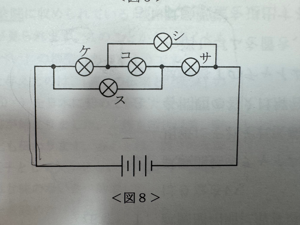 中学受験の電気回路の問題です。 この回路ではコの豆電球が光らないとのことですが、理由がわかりません。 回路の問題で、ショート回路（豆電球が繋がっていない）があればそちらを通るため、光らない豆電球が出て来ると思うのですが、この場合は何故通らないのでしょうか。