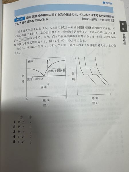 固体ー液体系の相図に関する質問です。 イではaが正解となってるようですが、なぜbではないのかが理解できません。それぞれの温度において、液体から固体が生じているので、それぞれの状態変化のエネルギーに使われるため、温度が平らになるのではと思ってしまいます。