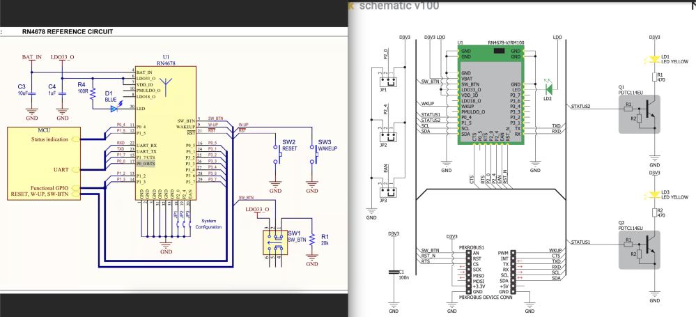 Bluetooth モジュールRN4678について質問です。 以下の回路図を見ると太い線があり、例えばUART_RXとUART_TXとPl 7/CTSとPO_ORTSが短絡しているように見えるのですが正しいのでしょうか？ 正しくない場合どのように回路図を見れば良いのかや、回路図の意図を知りたいです。 ご教授のほどよろしくお願いいたします。 画像1 https://www.digikey.fr/htmldatasheets/production/1994339/0/0/1/rn4678-datasheet.html 画像2 https://download.mikroe.com/documents/add-on-boards/click/rn4678/rn4678-click-schematic.pdf キーワード 無線 電子工作 高周波 Arduino PIC stm32 マイコン