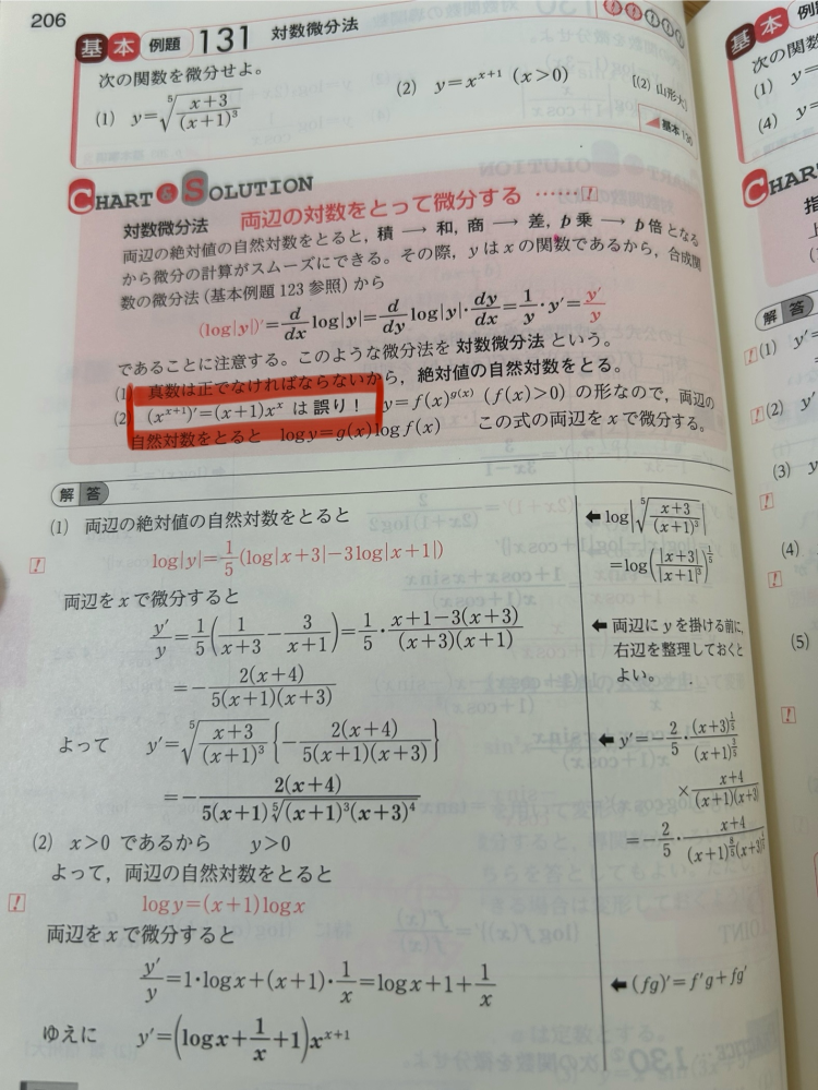 下の数ⅲの微分の解説をお願いします 赤いマーカーで囲んである部分のように計算するのはなぜ誤りになるのでしょうか？ よろしくお願いします 高校 数学 数ⅲ 微分 積分 対数 指数 関数 チャート