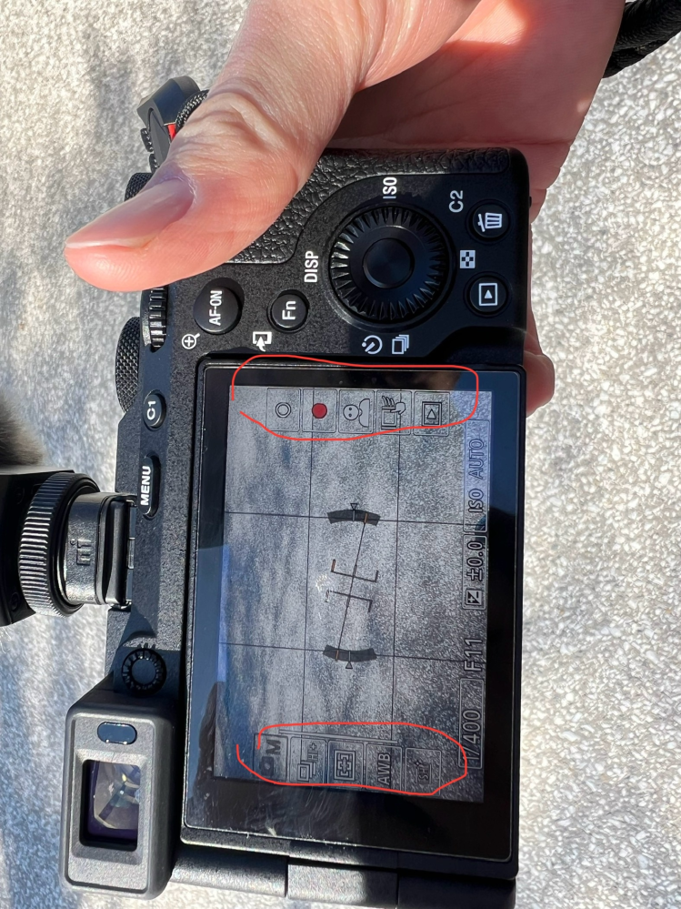 α7ciiの写真モードのモニター画面について 添付写真の赤丸部分の表示がある時とない時があります。 ちなみに、設定で何もいじってないと思うんですが、常に表示させておきたいです。 消えた時に表示をさせたいのですが設定方法などわかる方教えてください