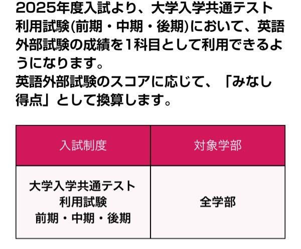 至急お願いします。 東京工科大学を志望している者です。 共通テスト利用の高得点2科目、3科目で出願しています。 ①英検のみなしてん ②共テ英語 ③共テ数学 ④共テ化学 点数が高い順に並べるとこうなります。 ホームページには【英語外部試験の成績を1科目として利用できるようになる】と記載されているのですか、私の場合は、1科目目に英検のスコアを使うなら、2科目目は共テ英語の点数ではなく、共テ数学の点数になるということでしょうか？ 共テリサーチも利用するのですが、①～④のなかで英検のみなし点が圧倒的に高く、共テの点数しか入力出来ないため、判定が出てもどう判断したら良いか分かりません。 英検のスコアを使うなら、共テ英語を使えない。 という事なら共テ英語の点数を英検のみなし点に変えれば良いだけなのですが、2番目に高い点数が共テ英語なのでどうすれば良いか、、、となっています。 わかる方いたら教えて頂きたいです。