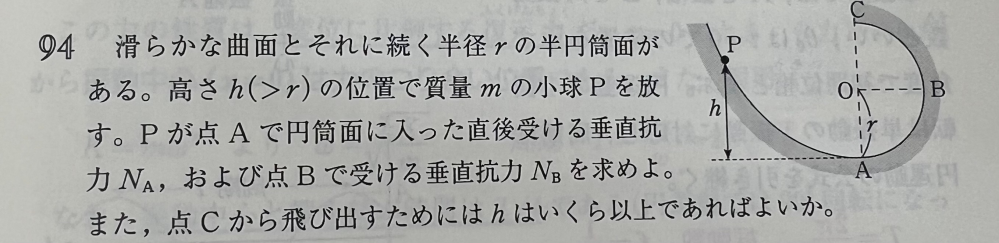 点cの時 重力mg=遠心力 mv^2/r で釣り合ってるとなっているのですが、なぜ垂直抗力は加わっていないのですか？ 点cで垂直抗力が無いと球が落ちてしまわないのでしょうか？ あと点bや点aでは垂直抗力を含めて考えていたのでなぜ点cでは含めなくて良いのかも教えてください。