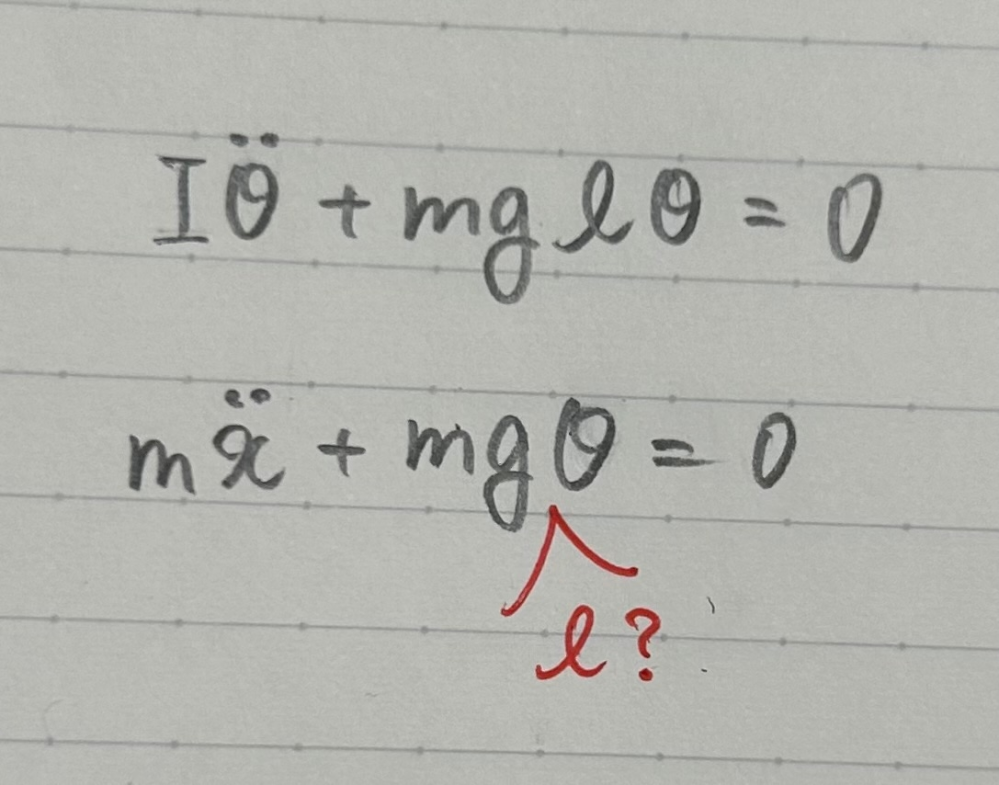 以下の写真は単振り子の運動方程式をx微分とθ微分の2つの方法で表したものです。対応しないのですがどこを間違えているのでしょうか。ただし、Iは慣性モーメントとします。