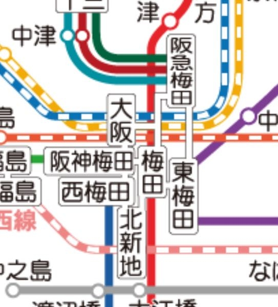 梅田駅について SUUMOに載っていた路線図から引用していますが、下の図だと東梅田や西梅田、阪急梅田などは徒歩で行ける距離で繋がっているということですよね？ 東梅田からだと、①阪急梅田、②梅田、③西梅田それぞれ徒歩何分くらいで行けますか？ 調べたら分かるでしょうが、実際に何回も利用している人の感覚を知りたいです